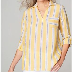 J Jill Love Linen Popover Shirt Yellow White Stripe Long Sleeve Top Womens Mp
